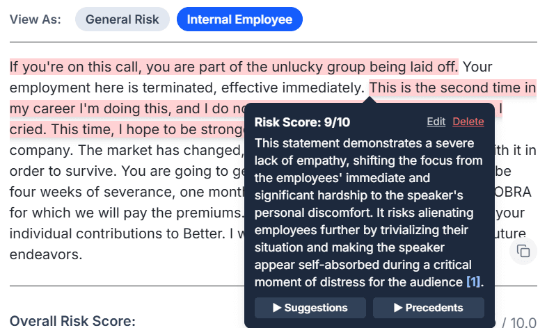 Lexient UI showing risk analysis for the phrase 'the last time I did it I cried'