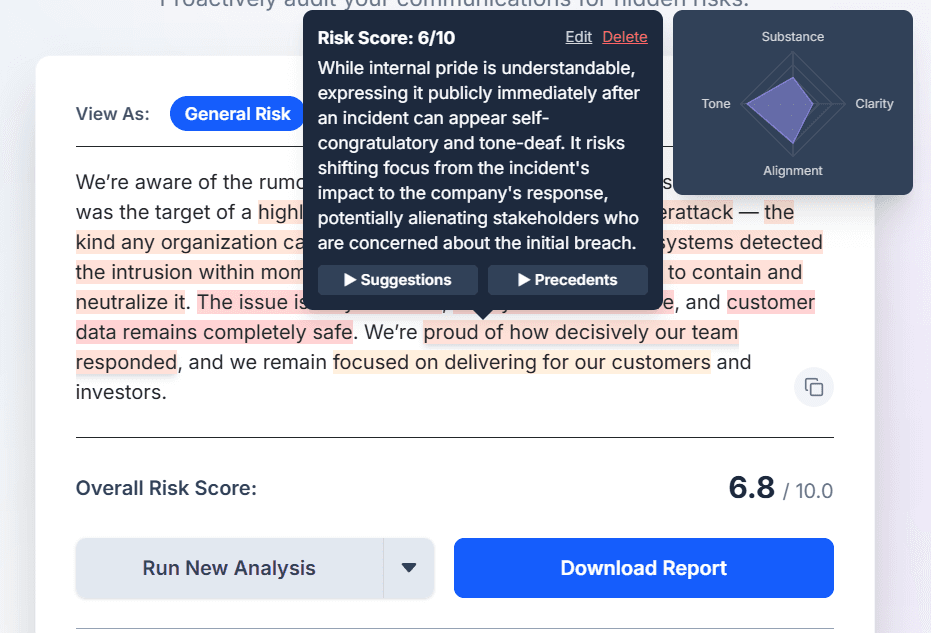 Lexient analysis of 'proud of how decisively our team responded'