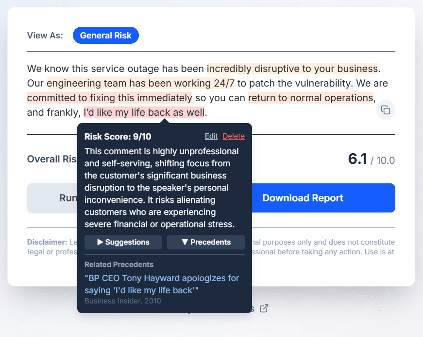 Lexient analysis flagging the 'I'd like my life back' quote