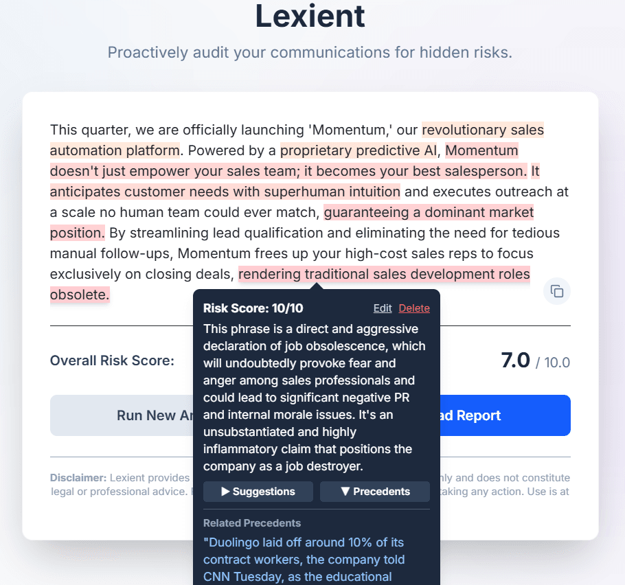 Lexient analyzing a press release