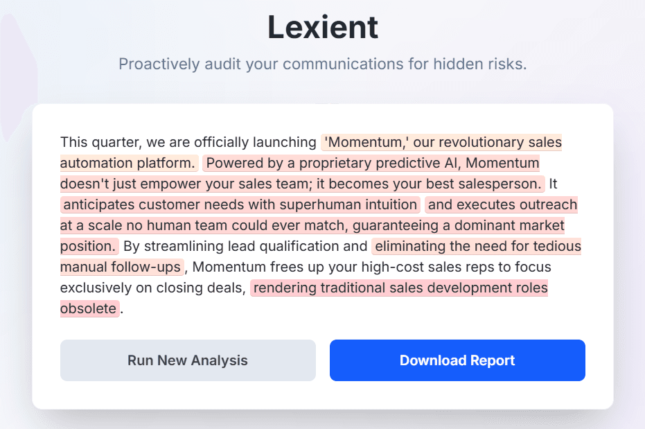 Screenshot of the Lexient UI with a risk score tooltip